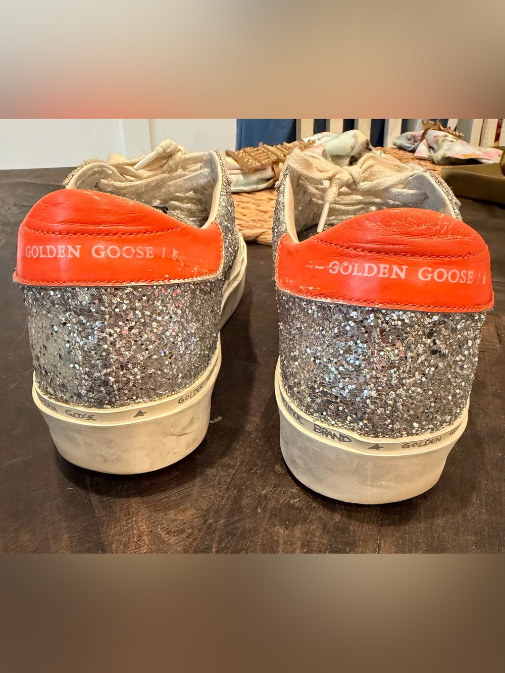 Golden Goose Hi Star Silver Glitter Sneaker with Peach Star/Orange Heel Tab - Picture 2 of 9